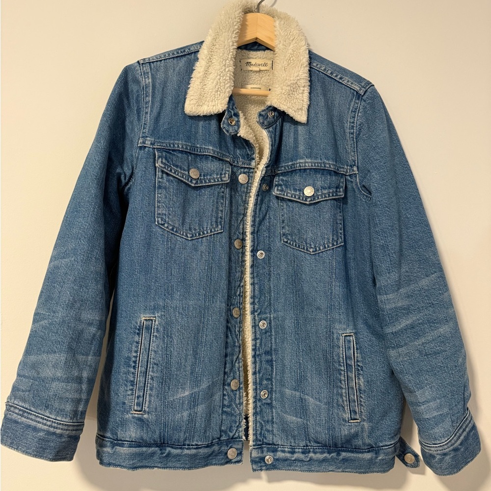 Madewell SHERPA Blue Denim Trucker Jacket with Cream Sherpa Collar